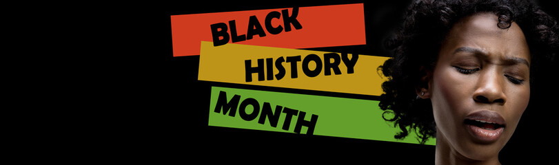 Fototapeta premium African-american woman over black background with red yellow green colors. Racial equality. Black History Month. Banner, poster. Concept of human rights, history, discrimination and activism.