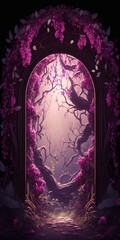 Beautiful floral archway portal in a pink fantasy forest glade. opulent entrance for the evil one. Traveling in a magical way illustration. Generative AI