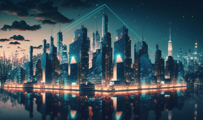 Cityscape concept of a city with wireless network connection, showcasing modern technology against a night-time background