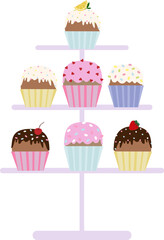  Vector illustration of cake stand with cupcakes with cream, chocolate, sprinkles and berries in cartoon style. Vector set of muffins for holiday