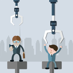 The two men with difference charactor waiting for choose by the robotic arms,cartoon concept - vector