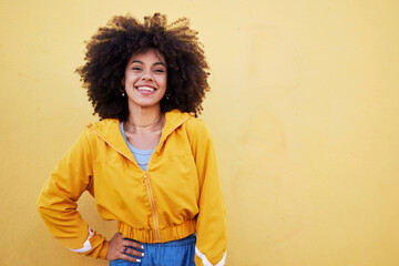Portrait, fashion and mockup with an afro black woman in studio on a yellow background for style....