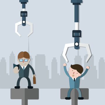 The two men with difference charactor waiting for choose by the robotic arms,cartoon concept - vector