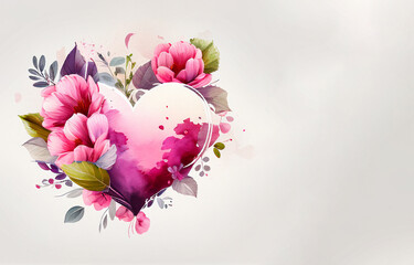 Watercolor flowers in shape of heart with copy space on white paper background. Illustration AI