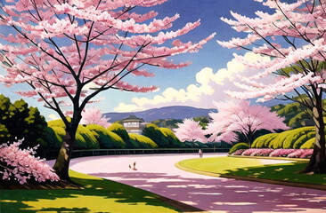 Japan Sakura festival of Cherry tree blossom explosion. AI generated landscape for digital printing