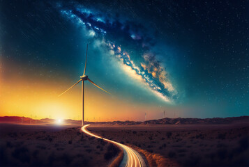 A wind turbine photographed under a sky full of stars and the Milky Way. A beautiful representation of the renewable energies that protect the beauty of our planet. Generative AI - obrazy, fototapety, plakaty