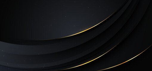 Abstact 3d luxury black curve with border golden curve lines elegant and lighting effect on black background.