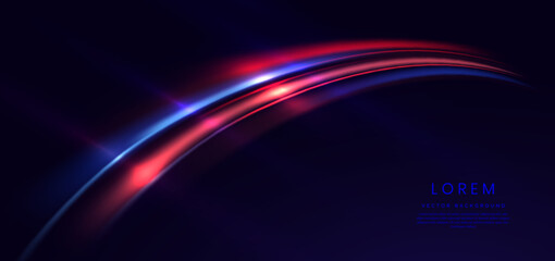 Abstract futuristic neon light curved red and blue on dark blue background.