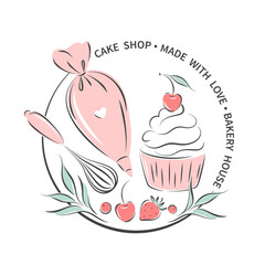 Cake shop logo. Set of tools for making cakes, cookies and pastries. Vector illustration for menu, recipe book, baking shop, cafe.