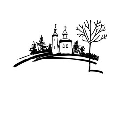 Winter landscape with an Orthodox church. Stylized graphic landscape, hand-drawn in ink. Vector illustration