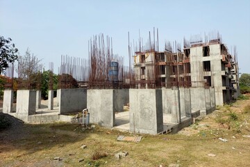 Reinforcement concrete column under construction at the construction site.