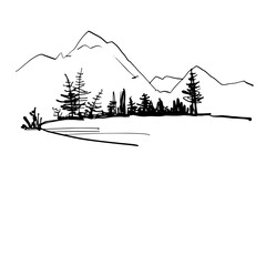 Winter landscape with mountains. A sketch drawn in ink by hand. Vector illustration