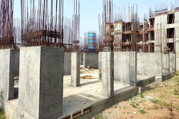 Reinforcement concrete column under construction at the construction site.