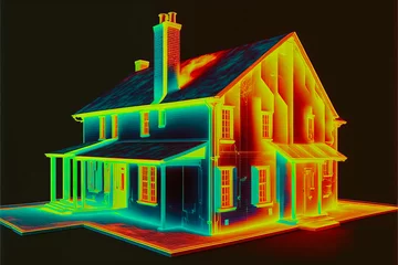 Fotobehang A heat map showing the thermal losses and the inefficiency of the insulation of an individual house for a striking visual rendering. Generative AI © XaMaps