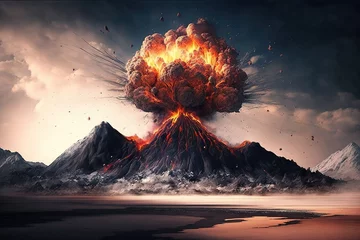 Fotobehang Night landscape with volcano and burning lava. Volcano eruption, fantasy landscape. 3D illustration © losmostachos