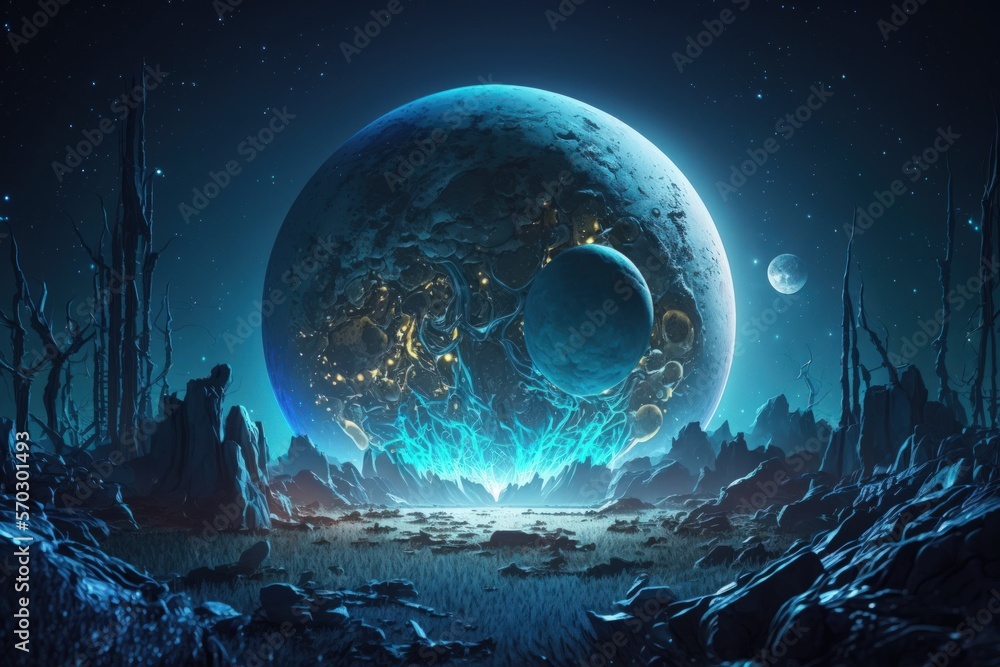 Sticker Super moon in the background galaxy. a large blue moon and stars. Concept of science and astrology. Concept of futuristic technology. Nature, the planet, and the theme of aliens. Investigating human h