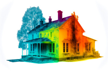 This heatmap image shows the heat dissipation and the impact of insufficient insulation of a single-family house. Ideal to illustrate its poor thermal management. Generative AI - obrazy, fototapety, plakaty