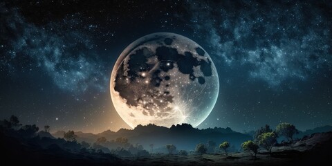 Fototapeta na wymiar Full moon in night starry sky. Generative AI