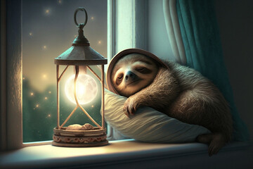 happy and tired sloth sleeps in a bed with pillow window and moon - obrazy, fototapety, plakaty
