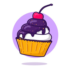 cupcake with cherries with cosmic icing and sprinkled with stars. Vector illustration with cartoon flat style. Icon with a space cupcake of the future