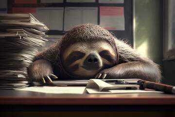 very tired sloth sleeps on the files in the office