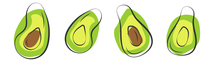 Fresh whole and half avocado isolated on white background. Organic food. Cartoon style. Vector illustration for design.