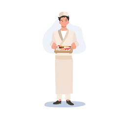 Male sushi chef holding a japanese wood plate of varieties of sushi .Flat vector illustration.