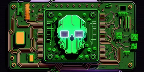 cyborg AI. the circuit board. technical knowledge CPU and GPU concepts for central computer processors. digital chip on the motherboard. background in tech and science. Generative AI
