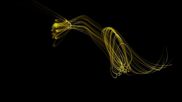 Bright Yellow neon glowing fast-moving streams of light, along a trajectory. Fast energy flying wave line with flashlights. Animation magic swirl trace path on black background.