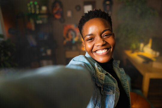 Cheerful Young Dark Skinned Afro American Teenager Woman Having Fun Smiling Laughing Ready To Go Out Relaxation Concept At Home. Woman Wearing Casual Clothes.