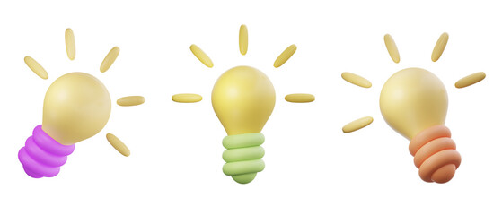 Collection set of 3D rendering cartoon light bulb object icon for business creative idea and brainstorming concept