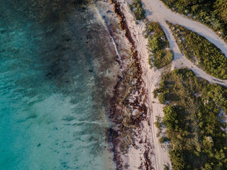 Aerial view of white sand beach in Mahahual, Mexico
