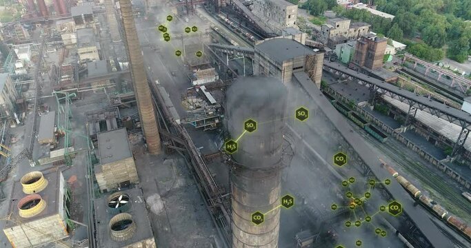 Environmental pollution concept. Visualization of hazardous emissions from the plant's chimney. Emissions from the factory chimney. Flight around the factory chimney with smoke.