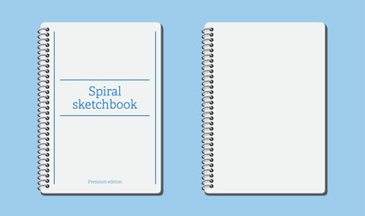 Spiral notebook sketchbook 3d empty paper blank page notepad vector illustration. White blue colored notebook page background to use in education, business, school projects. 