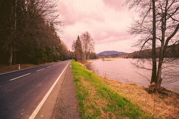Obraz premium Highway along the river in the forest on a cloudy spring morning