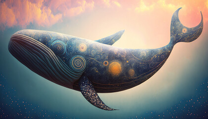 Dreamlike whale flies in the sky
