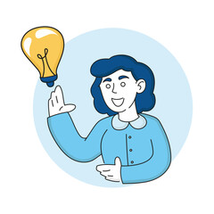 Woman with light bulb. Creative idea, creativity, find solution, thinking, philosophy, innovation, puzzle, education, knowledge. Vector illustration blue colors on white background