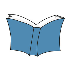 Open book with blue cover. Literature, knowledge, textbook, education, learning, novel, reading, getting information, flipping pages, library. Vector illustration pastel colors on white background