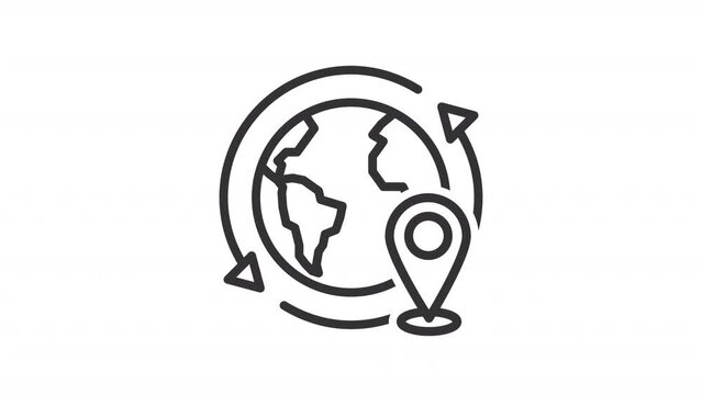 Animated world trip linear icon. Flying around world. Transportation. Travelling worldwide. Seamless loop HD video with alpha channel on transparent background. Outline motion graphic animation