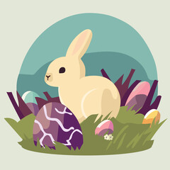 Easter bunny concept. Easter bunny with easter egg sitting in the grass.