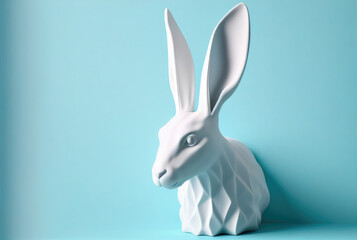 Polygonal 3D figurine of white rabbit on blue background, bust of hare from plaster. Generative AI