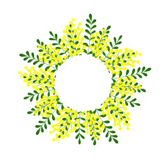 Mimosa flower isolated on white background, Round frame, hand drawn wreath, botanical sketch, Vector floral template for design banner, label, cosmetic, greeting cards, wedding invitations