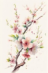 watercolor illustration of cherry blossoms, a branch with pink flowers, illustration with flower petal. Generative AI
