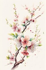 Obraz premium watercolor illustration of cherry blossoms, a branch with pink flowers, illustration with flower petal. Generative AI