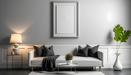 Living room interior with gray velvet sofa, grey pillows on white wall background. One picture frames. Generative AI