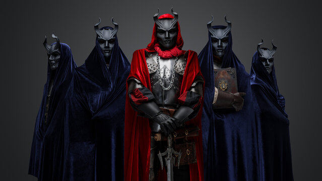 Portrait Of Four Members Of Dark Cult And Their Leader With Sword.