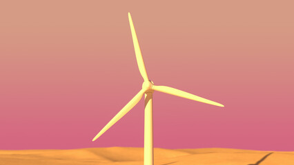 夕暮れの砂漠に立つ風力発電の3Dイラストレーション