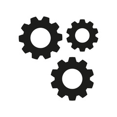 Three black gears. Mechanical instrument, work, teamwork, clock mechanism, creativity, software development, engineering, architecture. Vector illustration on white backround