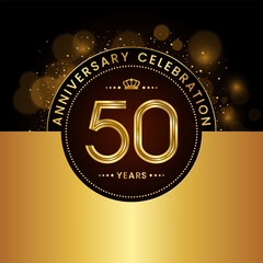50th Anniversary Celebration. logo design with golden numbers and text for birthday celebration event, invitation, wedding, greeting card, banner, poster, flyer, brochure. Logo Vector Template