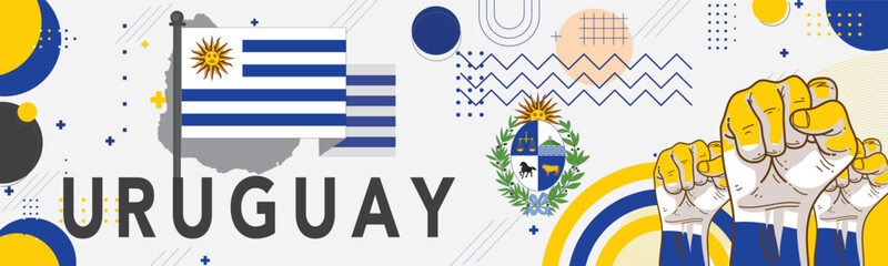 Banner Uruguay national day with Uruguayan flag colors theme background and geometric abstract retro modern blue white yellow design. Uruguayan people. Sports Games Supporters Vector Illustration.